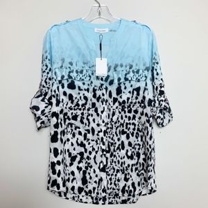 NEW CALVIN KLEIN BLUE LEOPARD SHIRT, SIZE SMALL ( RUNS LARGE)